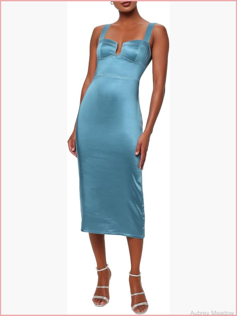 Satin U Front Midi Dress With Sweetheart Neckline